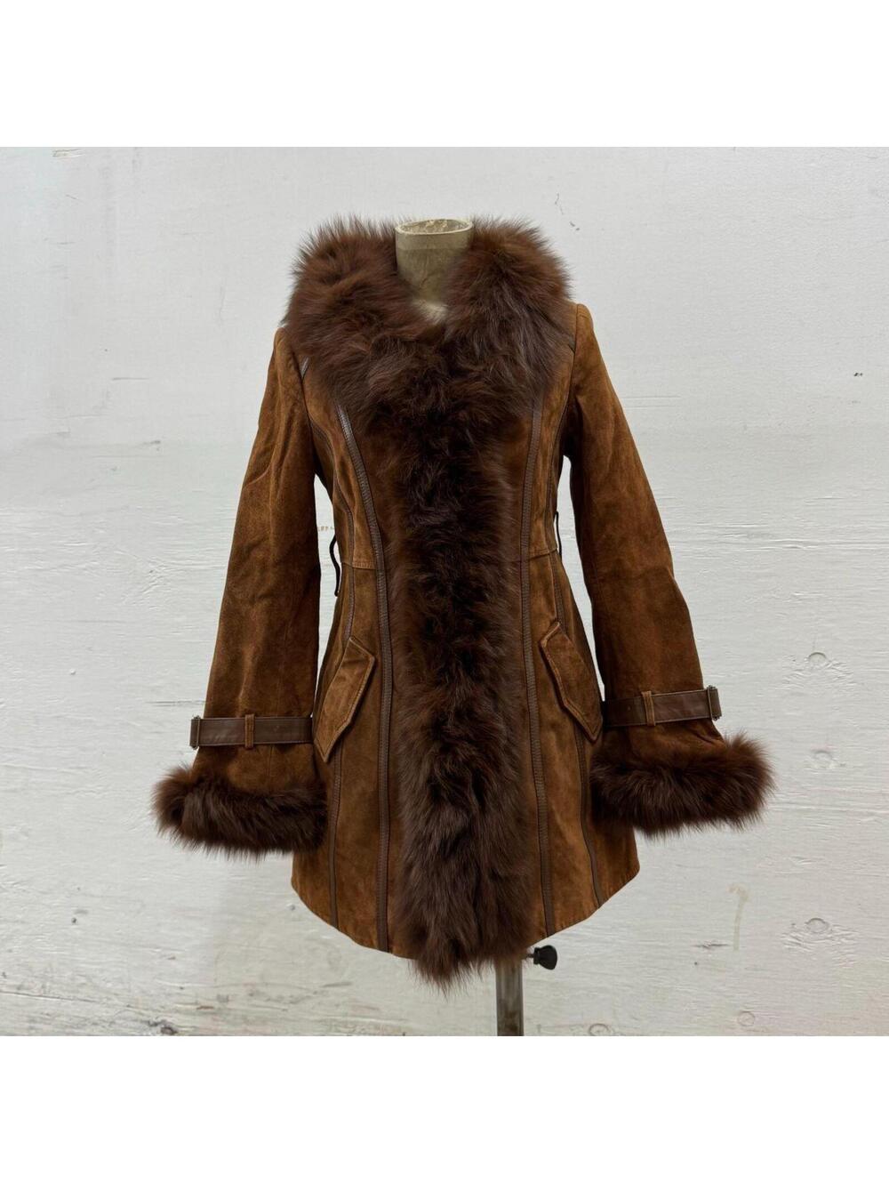 Vintage Vero Moda Y2K "Penny Lane" Suede & Fox Fur Coat Brown